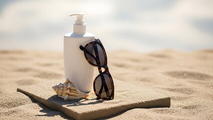 Beach Essentials Including Sunglasses Sunscreen and Seashell on Sand Towel