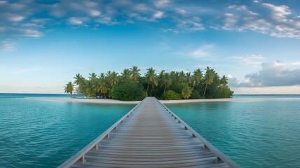 Serene tropical island accessed by wooden dock