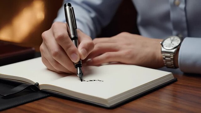 Elegant hand signing a document with a fountain pen on an open notebook symbolizing agreement contract approval and professional business dealings