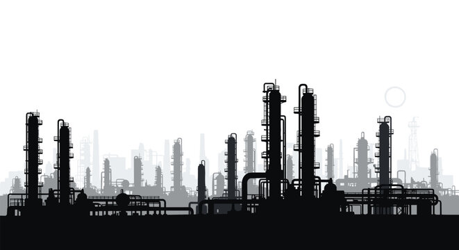 Wide panorama silhouette of a large industrial oil refinery and chemical plant with numerous towers and interconnected pipe systems.