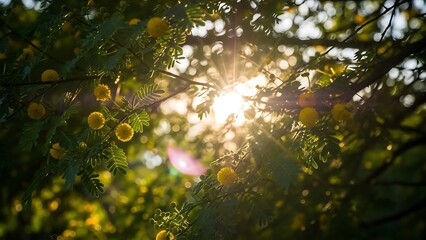 Golden morning sunlight piercing through acacia tree leaves with vibrant yellow flowers