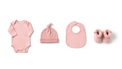 Baby clothing set pink bodysuit hat bib and booties white background studio shot