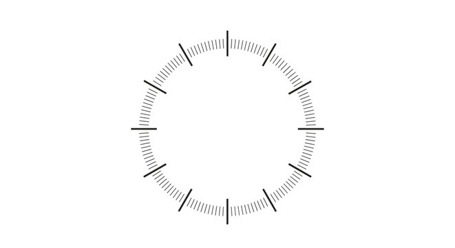 Simple black and white circular dial with minute and hour markings representing a classic clock face or gauge without any hands.