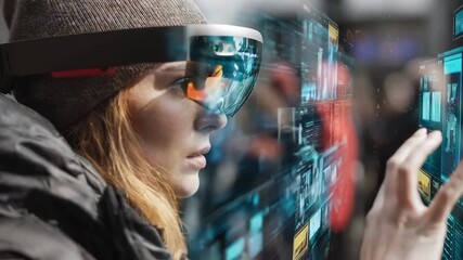 Medium shot of a person using augmented reality goggles to overlay digital search results on realworld objects in a busy urban environment.