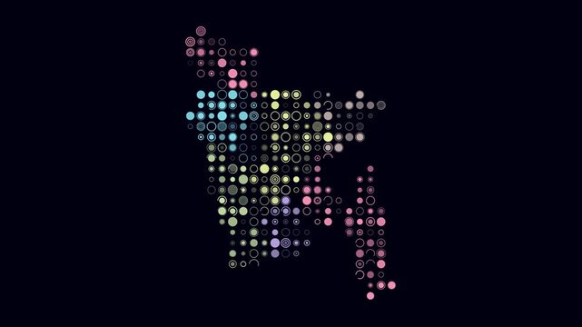 Bangladesh map animation. Shape of the country with pulsating colored dots. Large size circle blocks. Digital style Bangladesh map on dark background. Artistic video.