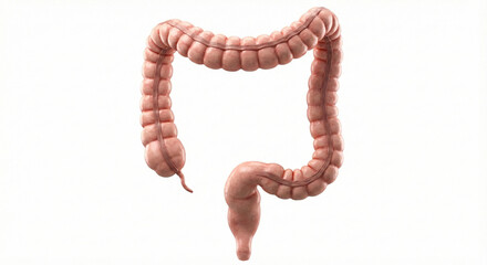 A photorealistic 3D render of a human large intestine, anatomically correct, clean and healthy segmented tissue texture, showing the ascending, transverse, descending, and sigmoid colon