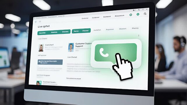Customer support interface on laptop screen showing a call connection with blurred background of office workers collaborating in a modern workspace setting