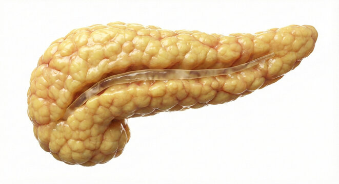 A photorealistic 3D render of a human pancreas, anatomically correct, clean and healthy yellowish lobular tissue texture, showing the head, body, and tail sections with the main pancreatic duct