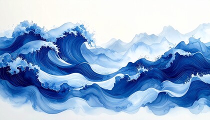 Vibrant deep blue waves crashing in a fluid watercolor painting style abstract ocean panorama with subtle misty mountain silhouettes against a white background