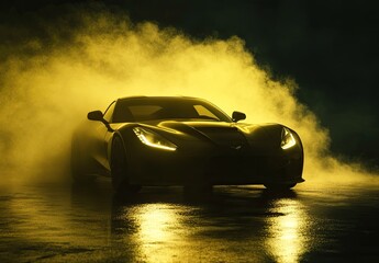 A dark sports car with intense yellow fog lights shining through thick golden-yellow smoke on a wet reflective surface