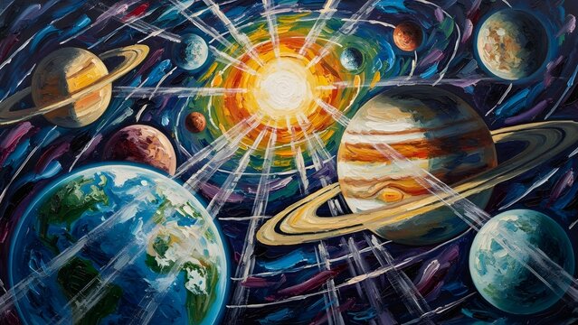 Vibrant depiction of planets orbiting the sun in our solar system from a cosmic viewpoint
