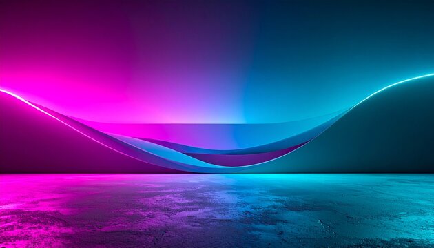 Abstract vibrant neon stage background featuring flowing magenta and teal wave shapes and geometric curves reflecting on a textured concrete surface