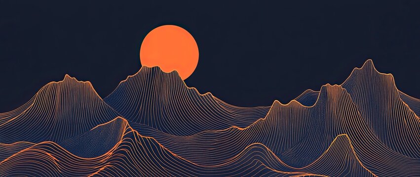 A glowing orange full moon rising above abstract wavy copper-orange mountains on a deep navy night sky - Powered by Adobe