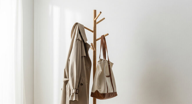 A minimalist wooden coat rack standing against a white wall, holding a beige trench coat and a canvas tote bag in a bright, sunlit room