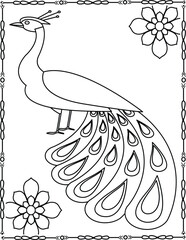 Elegant Peacock Line Art Illustration. Grace, Beauty. Nature. Peacock Coloring Page For Kids And Adults.