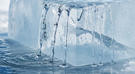 A close-up shot of a large, translucent block of ice melting, with clear water droplets and streams flowing down its sides against a soft blue background