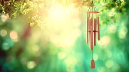 A Set of Copper Wind Chimes Hanging in a Sunlit Garden Creating Gentle Melodic Sounds
