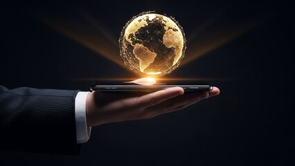 Hand Holding Glowing Earth on Device.