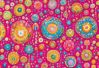 Fluid abstract waves in pink, orange, green, and blue with scattered glowing bubbles and circular highlights on a dreamy colorful background