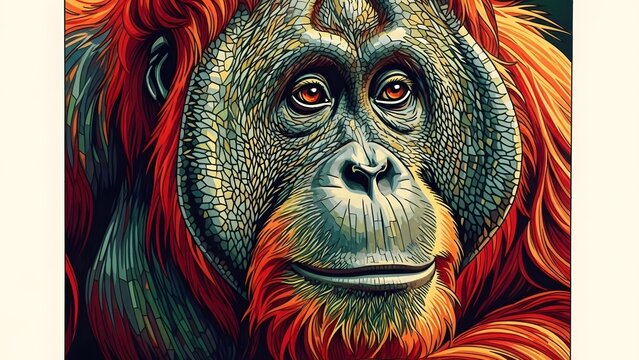 Vibrant orangutan portrait showcasing detailed fur texture and expressive eyes in a colorful, artistic representation