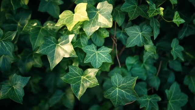 Close up of lush green ivy leaves with sunlight nature background