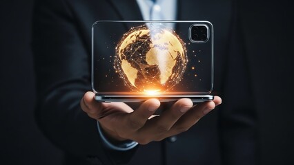 Man holding smartphone with global network.