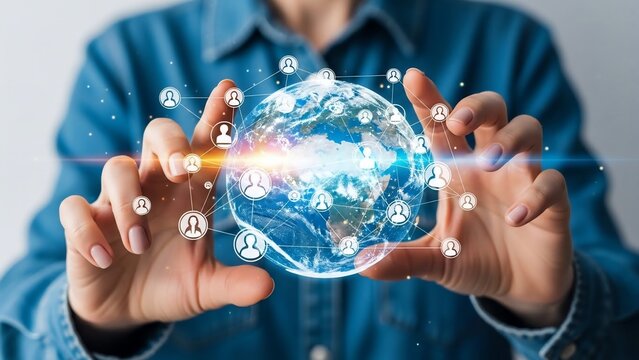 Man holding digital globe with icons. - Powered by Adobe