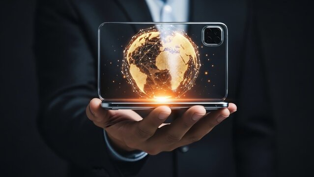 Man holding smartphone with global network. - Powered by Adobe