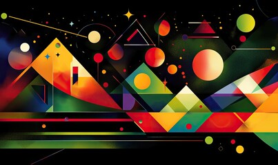 Vibrant geometric abstract landscape with colorful triangular mountains, spires, floating orbs, and starry dark green sky in a bold modern style