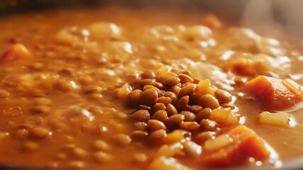 Hearty Lentil Stew: A close-up view of a pot of hearty lentil stew, steaming gently, with the savory aroma tantalizing the senses, promising a comforting meal.