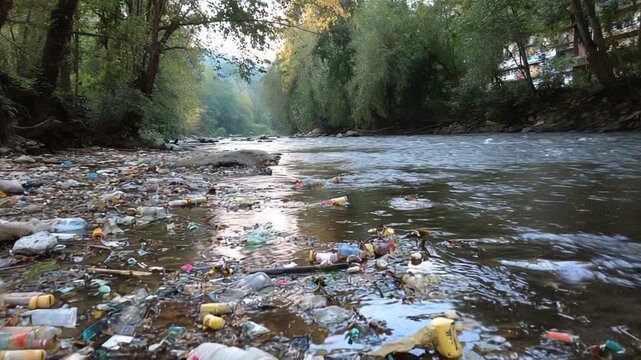A polluted river showcasing the impact of waste on nature, with plastic debris strewn along the banks. This image raises awareness about environmental conservation and pollution.