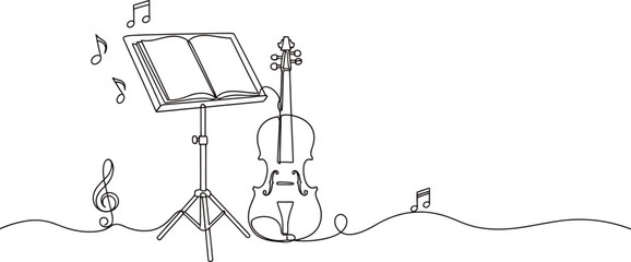 Elegant continuous line art illustration showcasing a violin, music stand with sheet music, and flowing musical notes, embodying the essence of classical melody and artistic expression