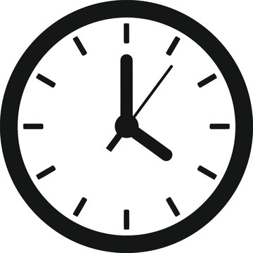 Simple black and white icon illustration of an analog clock showing four o'clock
