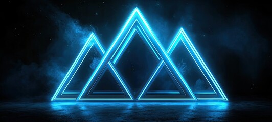 Three glowing neon blue triangles on a smoky dark background create a futuristic and geometric visual