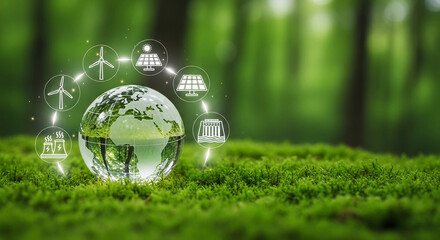 Glass globe on moss, surrounded by renewable energy icons: solar panel, wind turbine, hydroelectric dam, symbolizing sustainable energy and environmental protection
