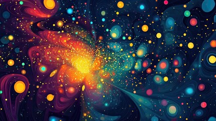 A central glowing light surrounded by swirling red, orange, blue, and purple patterns with scattered celestial dots