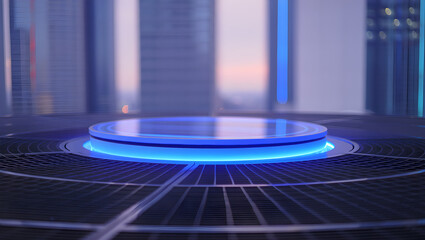 Futuristic glowing blue display platform in a modern city setting
