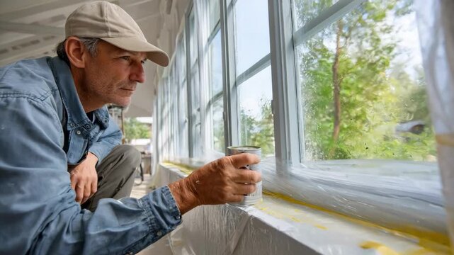Contractor sealing windows with plastic film and caulking for weatherproofing aiming to boost home comfort and reduce drafts