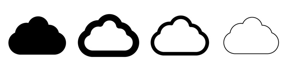 A set of four cloud pictograms: solid black silhouette, black outline with bold stroke, and simple thin outline. Stylized symbols of weather or cloud storage. Vector illustration.