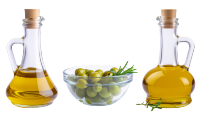 Two glass bottles with corks filled with yellow liquid and a bowl of green olives are visible isolated on white