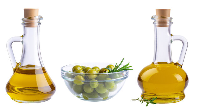 Two glass bottles with corks filled with yellow liquid and a bowl of green olives are visible isolated on white