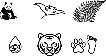 Fototapeta premium black and white animal icons with leaves and footprints