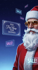 Illustration of Santa Claus with sunglasses surrounded by "SALE!" signs. Represents holiday shopping and discounts for the Chinese New Year, 2026.