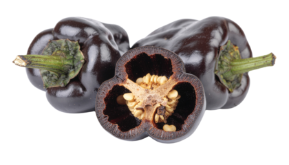 Black bell peppers, one cut open revealing seeds, with green stems, displayed on a light background studio shot on white and transparent
