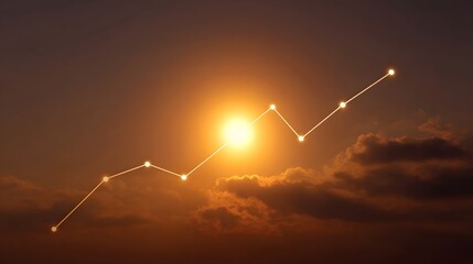 A rising line graph with glowing data points superimposed on a vibrant sunset sky symbolizing growth and positive future trends