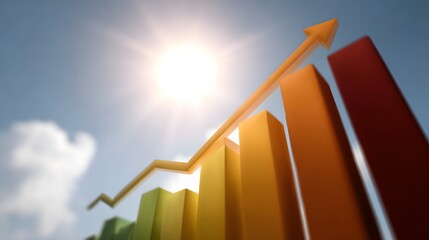 A colorful 3D bar graph with an upward trending line and arrow against a bright sunlit blue sky with clouds symbolizing growth and success
