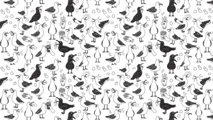 Seamless pattern of hand drawn flying geese and ducks in black and white © GraphicGrove
