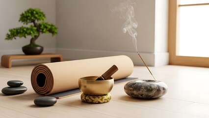Serene Indoor Yoga Studio Setup with Incense and Singing Bowl