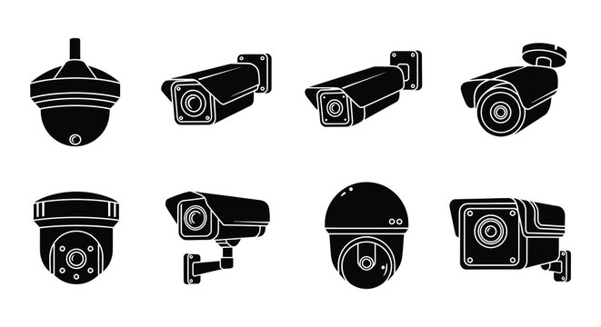 Collection of security surveillance cameras in various shapes and designs