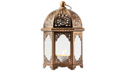 Hanging ornate metal lantern with an arched top and geometric cutouts, featuring a glass enclosure solid white background and no background